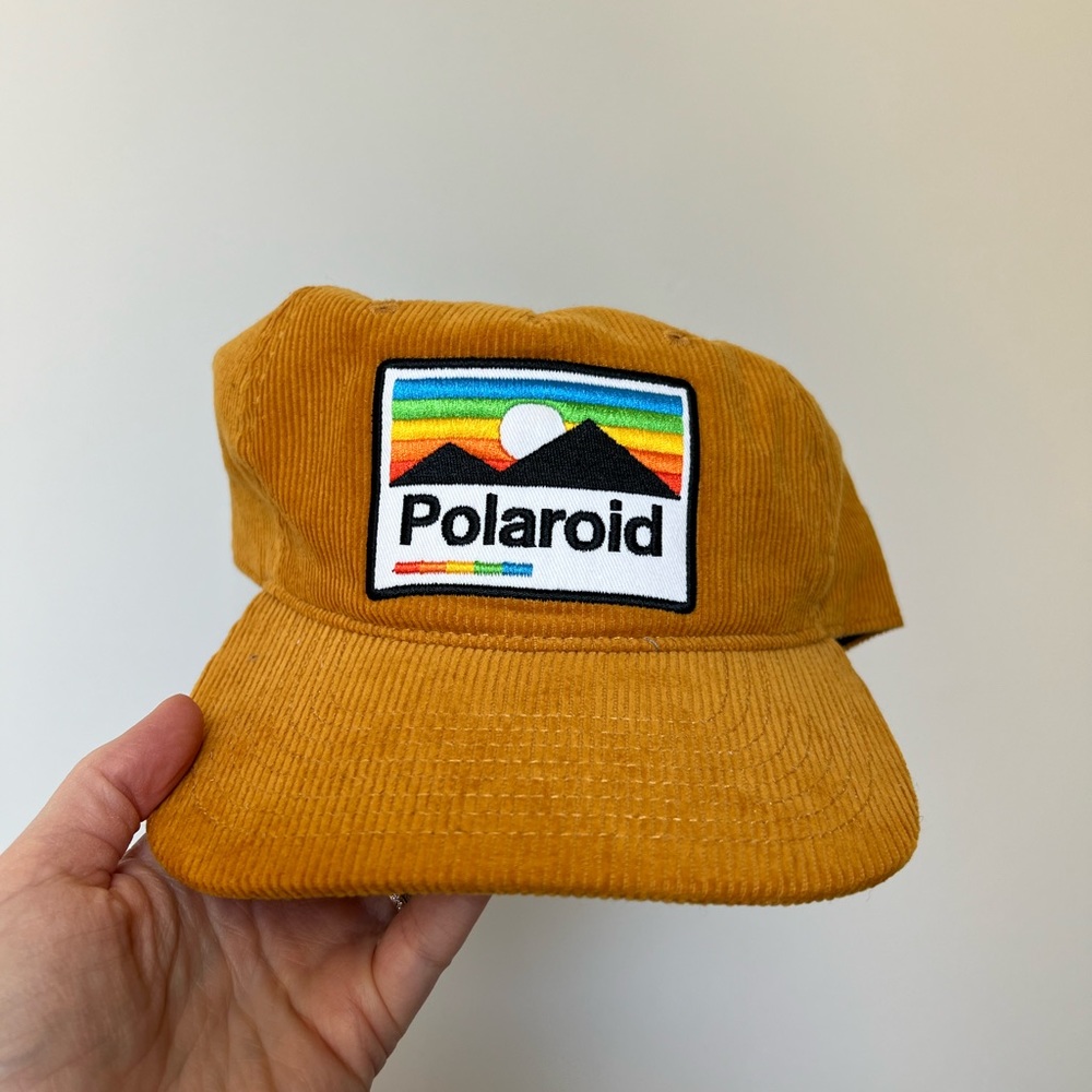 Polaroid, corduroy hat, mustard yellow